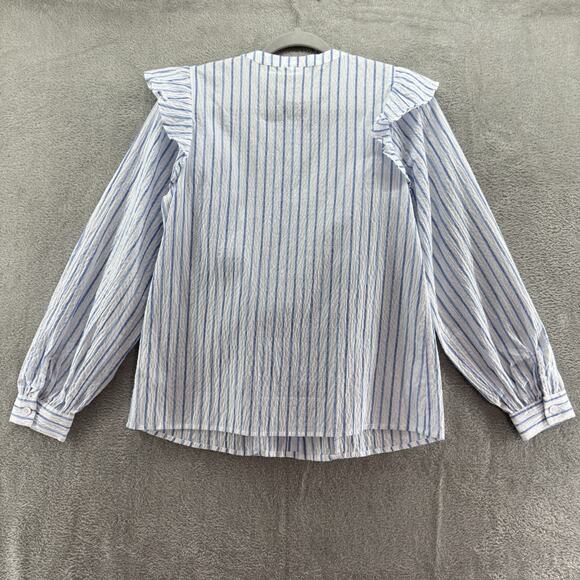 TheGET Top Womens S White Blue Striped Ruffle Button Up Crew Neck Preppy Career - Picture 6 of 12